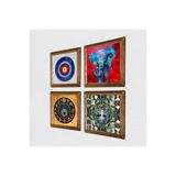 Pinecone Hayat Ağacı, Fil, Nazar Taş Duvar Tablosu - Ahşap Çerçeveli Taş Tablo - 25x25 cm - 4 Parça Set - Dekoratif Duvar Sanatı - Modern Ev ve Ofis Duvar Dekoru W4-901