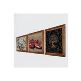 Pinecone Hayat Ağacı, Kelebekli Çiçek, Nar Taş Duvar Tablosu - Ahşap Çerçeveli Taş Tablo - 25x25 cm - 3 Parça Set - Dekoratif Duvar Sanatı - Modern Ev ve Ofis Duvar Dekoru W3-1159