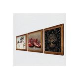 Pinecone Hayat Ağacı, Leonardo da Vinci At Heykeli, Nar Taş Duvar Tablosu - Ahşap Çerçeveli Taş Tablo - 25x25 cm - 3 Parça Set - Dekoratif Duvar Sanatı - Modern Ev ve Ofis Duvar Dekoru W3-1309