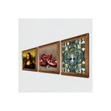 Pinecone Hayat Ağacı, Leonardo da Vinci Mona Lisa, Nar Taş Duvar Tablosu - Ahşap Çerçeveli Taş Tablo - 25x25 cm - 3 Parça Set - Dekoratif Duvar Sanatı - Modern Ev ve Ofis Duvar Dekoru W3-1438