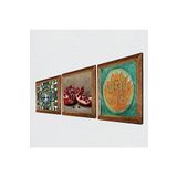 Pinecone Hayat Ağacı, Lotus Çiçeği, Nar Taş Duvar Tablosu - Ahşap Çerçeveli Taş Tablo - 25x25 cm - 3 Parça Set - Dekoratif Duvar Sanatı - Modern Ev ve Ofis Duvar Dekoru W3-1673