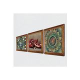 Pinecone Hayat Ağacı, Mandala, Nar Taş Duvar Tablosu - Ahşap Çerçeveli Taş Tablo - 25x25 cm - 3 Parça Set - Dekoratif Duvar Sanatı - Modern Ev ve Ofis Duvar Dekoru W3-1693