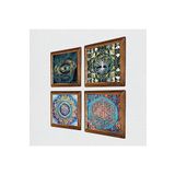 Pinecone Hayat Ağacı, Mandala, Nazar, Yaşam Çiçeği Taş Duvar Tablosu - Ahşap Çerçeveli Taş Tablo - 25x25 cm - 4 Parça Set - Dekoratif Duvar Sanatı - Modern Ev ve Ofis Duvar Dekoru W4-716