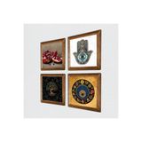 Pinecone Hayat Ağacı, Nazar, Nar, Fatma Ana Eli (Hamsa) Taş Duvar Tablosu - Ahşap Çerçeveli Taş Tablo - 25x25 cm - 4 Parça Set - Dekoratif Duvar Sanatı - Modern Ev ve Ofis Duvar Dekoru W4-657