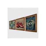 Pinecone Hayat Ağacı, Nazar, Nar Taş Duvar Tablosu - Ahşap Çerçeveli Taş Tablo - 25x25 cm - 3 Parça Set - Dekoratif Duvar Sanatı - Modern Ev ve Ofis Duvar Dekoru W3-1684