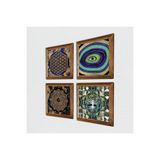 Pinecone Hayat Ağacı, Nazar, Sri Yantra, Yaşam Çiçeği Taş Duvar Tablosu - Ahşap Çerçeveli Taş Tablo - 25x25 cm - 4 Parça Set - Dekoratif Duvar Sanatı - Modern Ev ve Ofis Duvar Dekoru W4-721