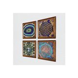 Pinecone Hayat Ağacı, Nazar, Yaşam Çiçeği Taş Duvar Tablosu - Ahşap Çerçeveli Taş Tablo - 25x25 cm - 4 Parça Set - Dekoratif Duvar Sanatı - Modern Ev ve Ofis Duvar Dekoru W4-145