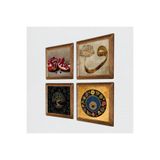Pinecone Hayat Ağacı, Vav, Nazar, Nar Taş Duvar Tablosu - Ahşap Çerçeveli Taş Tablo - 25x25 cm - 4 Parça Set - Dekoratif Duvar Sanatı - Modern Ev ve Ofis Duvar Dekoru W4-658