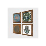 Pinecone Hayat Ağacı, Yaşam Çiçeği, Fatma Ana Eli (Hamsa) Taş Duvar Tablosu - Ahşap Çerçeveli Taş Tablo - 25x25 cm - 4 Parça Set - Dekoratif Duvar Sanatı - Modern Ev ve Ofis Duvar Dekoru W4-434