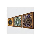 Pinecone Hayat Ağacı, Yaşam Çiçeği, Nazar Boncuğu Taş Duvar Tablosu - Ahşap Çerçeveli Taş Tablo - 25x25 cm - 3 Parça Set - Dekoratif Duvar Sanatı - Modern Ev ve Ofis Duvar Dekoru W3-378