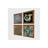 Pinecone Hayat Ağacı, Yaşam Çiçeği, Şahmeran Taş Duvar Tablosu - Ahşap Çerçeveli Taş Tablo - 25x25 cm - 4 Parça Set - Dekoratif Duvar Sanatı - Modern Ev ve Ofis Duvar Dekoru W4-492