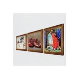 Pinecone Kaplumbağa Terbiyecisi, Leonardo da Vinci At Heykeli, Nar Taş Duvar Tablosu - Ahşap Çerçeveli Taş Tablo - 25x25 cm - 3 Parça Set - Dekoratif Duvar Sanatı - Modern Ev Duvar Dekoru W3-1285