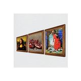 Pinecone Kaplumbağa Terbiyecisi, Leonardo da Vinci Mona Lisa, Nar Taş Duvar Tablosu - Ahşap Çerçeveli Taş Tablo - 25x25 cm - 3 Parça Set - Dekoratif Duvar Sanatı - Modern Ev Duvar Dekoru W3-1403