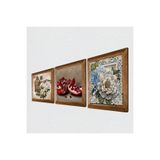 Pinecone Kelebekli Çiçek, Nar Taş Duvar Tablosu - Ahşap Çerçeveli Taş Tablo - 25x25 cm - 3 Parça Set - Dekoratif Duvar Sanatı - Modern Ev ve Ofis Duvar Dekoru W3-1080