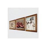 Pinecone Leonardo da Vinci At Heykeli, Hayat Ağacı, Nar Taş Duvar Tablosu - Ahşap Çerçeveli Taş Tablo - 25x25 cm - 3 Parça Set - Dekoratif Duvar Sanatı - Modern Ev ve Ofis Duvar Dekoru W3-901