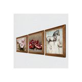 Pinecone Leonardo da Vinci At Heykeli, Kelebekli Çiçek, Nar Taş Duvar Tablosu - Ahşap Çerçeveli Taş Tablo - 25x25 cm - 3 Parça Set - Dekoratif Duvar Sanatı - Modern Ev ve Ofis Duvar Dekoru W3-1204