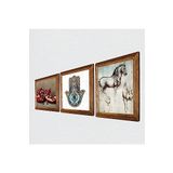 Pinecone Leonardo da Vinci At Heykeli, Nar, Fatma Ana Eli (Hamsa) Taş Duvar Tablosu - Ahşap Çerçeveli Taş Tablo - 25x25 cm - 3 Parça Set - Dekoratif Duvar Sanatı - Modern Ev Duvar Dekoru W3-707