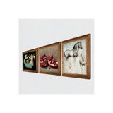 Pinecone Leonardo da Vinci At Heykeli, Şahmeran, Nar Taş Duvar Tablosu - Ahşap Çerçeveli Taş Tablo - 25x25 cm - 3 Parça Set - Dekoratif Duvar Sanatı - Modern Ev ve Ofis Duvar Dekoru W3-958