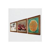 Pinecone Lotus Çiçeği, Leonardo da Vinci At Heykeli, Nar Taş Duvar Tablosu - Ahşap Çerçeveli Taş Tablo - 25x25 cm - 3 Parça Set - Dekoratif Duvar Sanatı - Modern Ev ve Ofis Duvar Dekoru W3-1320