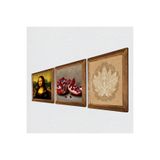 Pinecone Lotus Çiçeği, Leonardo da Vinci Mona Lisa, Nar Taş Duvar Tablosu - Ahşap Çerçeveli Taş Tablo - 25x25 cm - 3 Parça Set - Dekoratif Duvar Sanatı - Modern Ev ve Ofis Duvar Dekoru W3-1426