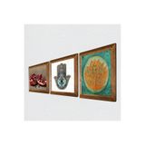 Pinecone Lotus Çiçeği, Nar, Fatma Ana Eli (Hamsa) Taş Duvar Tablosu - Ahşap Çerçeveli Taş Tablo - 25x25 cm - 3 Parça Set - Dekoratif Duvar Sanatı - Modern Ev ve Ofis Duvar Dekoru W3-750