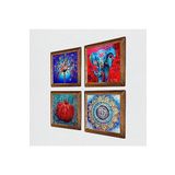 Pinecone Mandala, Fil, Hayat Ağacı, Nar Taş Duvar Tablosu - Ahşap Çerçeveli Taş Tablo - 25x25 cm - 4 Parça Set - Dekoratif Duvar Sanatı - Modern Ev ve Ofis Duvar Dekoru W4-867