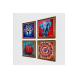 Pinecone Mandala, Fil, Hayat Ağacı, Nar Taş Duvar Tablosu - Ahşap Çerçeveli Taş Tablo - 25x25 cm - 4 Parça Set - Dekoratif Duvar Sanatı - Modern Ev ve Ofis Duvar Dekoru W4-868