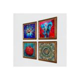 Pinecone Mandala, Fil, Hayat Ağacı, Nar Taş Duvar Tablosu - Ahşap Çerçeveli Taş Tablo - 25x25 cm - 4 Parça Set - Dekoratif Duvar Sanatı - Modern Ev ve Ofis Duvar Dekoru W4-869