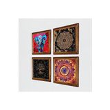 Pinecone Mandala, Fil, Sri Yantra, Hayat Ağacı Taş Duvar Tablosu - Ahşap Çerçeveli Taş Tablo - 25x25 cm - 4 Parça Set - Dekoratif Duvar Sanatı - Modern Ev ve Ofis Duvar Dekoru W4-938
