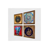Pinecone Mandala, Fil, Tavus Kuşu, Nazar Taş Duvar Tablosu - Ahşap Çerçeveli Taş Tablo - 25x25 cm - 4 Parça Set - Dekoratif Duvar Sanatı - Modern Ev ve Ofis Duvar Dekoru W4-339
