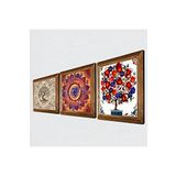 Pinecone Mandala, Hayat Ağacı, Nar Ağacı Taş Duvar Tablosu - Ahşap Çerçeveli Taş Tablo - 25x25 cm - 3 Parça Set - Dekoratif Duvar Sanatı - Modern Ev ve Ofis Duvar Dekoru W3-382