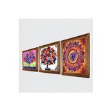 Pinecone Mandala, Hayat Ağacı, Nar Ağacı Taş Duvar Tablosu - Ahşap Çerçeveli Taş Tablo - 25x25 cm - 3 Parça Set - Dekoratif Duvar Sanatı - Modern Ev ve Ofis Duvar Dekoru W3-387