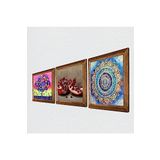 Pinecone Mandala, Hayat Ağacı, Nar Taş Duvar Tablosu - Ahşap Çerçeveli Taş Tablo - 25x25 cm - 3 Parça Set - Dekoratif Duvar Sanatı - Modern Ev ve Ofis Duvar Dekoru W3-1059