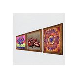 Pinecone Mandala, Hayat Ağacı, Nar Taş Duvar Tablosu - Ahşap Çerçeveli Taş Tablo - 25x25 cm - 3 Parça Set - Dekoratif Duvar Sanatı - Modern Ev ve Ofis Duvar Dekoru W3-1060
