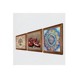 Pinecone Mandala, Hayat Ağacı, Nar Taş Duvar Tablosu - Ahşap Çerçeveli Taş Tablo - 25x25 cm - 3 Parça Set - Dekoratif Duvar Sanatı - Modern Ev ve Ofis Duvar Dekoru W3-940