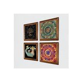 Pinecone Mandala, Hayat Ağacı, Şahmeran Taş Duvar Tablosu - Ahşap Çerçeveli Taş Tablo - 25x25 cm - 4 Parça Set - Dekoratif Duvar Sanatı - Modern Ev ve Ofis Duvar Dekoru W4-724