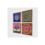 Pinecone Mandala, Hayat Ağacı Taş Duvar Tablosu - Ahşap Çerçeveli Taş Tablo - 25x25 cm - 4 Parça Set - Dekoratif Duvar Sanatı - Modern Ev ve Ofis Duvar Dekoru W4-722