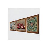 Pinecone Mandala, Kelebekli Çiçek, Nar Taş Duvar Tablosu - Ahşap Çerçeveli Taş Tablo - 25x25 cm - 3 Parça Set - Dekoratif Duvar Sanatı - Modern Ev ve Ofis Duvar Dekoru W3-1180