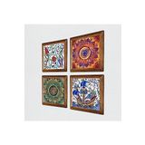 Pinecone Mandala, Lale, Çini Sanatı Yelkenli Gemi Taş Duvar Tablosu - Ahşap Çerçeveli Taş Tablo - 25x25 cm - 4 Parça Set - Dekoratif Duvar Sanatı - Modern Ev ve Ofis Duvar Dekoru W4-962