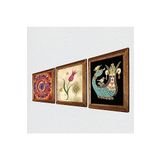 Pinecone Mandala, Lale Ebru Sanatı, Şahmeran Taş Duvar Tablosu - Ahşap Çerçeveli Taş Tablo - 25x25 cm - 3 Parça Set - Dekoratif Duvar Sanatı - Modern Ev ve Ofis Duvar Dekoru W3-672