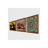Pinecone Mandala, Leonardo da Vinci Mona Lisa, Nar Taş Duvar Tablosu - Ahşap Çerçeveli Taş Tablo - 25x25 cm - 3 Parça Set - Dekoratif Duvar Sanatı - Modern Ev ve Ofis Duvar Dekoru W3-1437