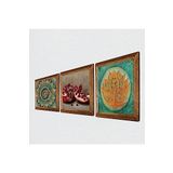 Pinecone Mandala, Lotus Çiçeği, Nar Taş Duvar Tablosu - Ahşap Çerçeveli Taş Tablo - 25x25 cm - 3 Parça Set - Dekoratif Duvar Sanatı - Modern Ev ve Ofis Duvar Dekoru W3-1672