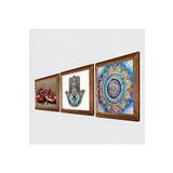 Pinecone Mandala, Nar, Fatma Ana Eli (Hamsa) Taş Duvar Tablosu - Ahşap Çerçeveli Taş Tablo - 25x25 cm - 3 Parça Set - Dekoratif Duvar Sanatı - Modern Ev ve Ofis Duvar Dekoru W3-756