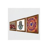 Pinecone Mandala, Nar, Fatma Ana Eli (Hamsa) Taş Duvar Tablosu - Ahşap Çerçeveli Taş Tablo - 25x25 cm - 3 Parça Set - Dekoratif Duvar Sanatı - Modern Ev ve Ofis Duvar Dekoru W3-757