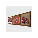 Pinecone Mandala, Nar, Nar Ağacı Taş Duvar Tablosu - Ahşap Çerçeveli Taş Tablo - 25x25 cm - 3 Parça Set - Dekoratif Duvar Sanatı - Modern Ev ve Ofis Duvar Dekoru W3-381