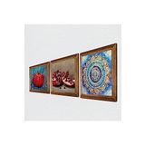Pinecone Mandala, Nar Taş Duvar Tablosu - Ahşap Çerçeveli Taş Tablo - 25x25 cm - 3 Parça Set - Dekoratif Duvar Sanatı - Modern Ev ve Ofis Duvar Dekoru W3-833
