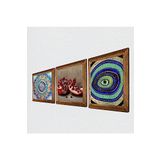 Pinecone Mandala, Nazar, Nar Taş Duvar Tablosu - Ahşap Çerçeveli Taş Tablo - 25x25 cm - 3 Parça Set - Dekoratif Duvar Sanatı - Modern Ev ve Ofis Duvar Dekoru W3-1679