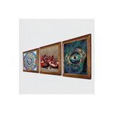 Pinecone Mandala, Nazar, Nar Taş Duvar Tablosu - Ahşap Çerçeveli Taş Tablo - 25x25 cm - 3 Parça Set - Dekoratif Duvar Sanatı - Modern Ev ve Ofis Duvar Dekoru W3-1681