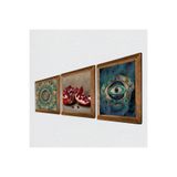 Pinecone Mandala, Nazar, Nar Taş Duvar Tablosu - Ahşap Çerçeveli Taş Tablo - 25x25 cm - 3 Parça Set - Dekoratif Duvar Sanatı - Modern Ev ve Ofis Duvar Dekoru W3-1683