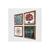 Pinecone Mandala, Nazar, Sri Yantra, Nar Ağacı Taş Duvar Tablosu - Ahşap Çerçeveli Taş Tablo - 25x25 cm - 4 Parça Set - Dekoratif Duvar Sanatı - Modern Ev ve Ofis Duvar Dekoru W4-1007